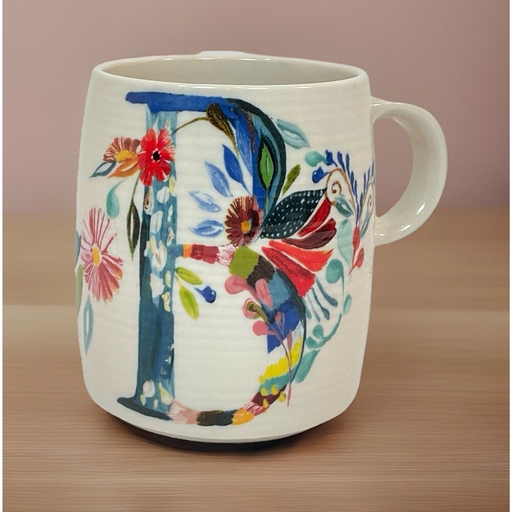 Anthropologie “B” Initial Mug By Starla M. Halfmann Floral Monogram 12oz